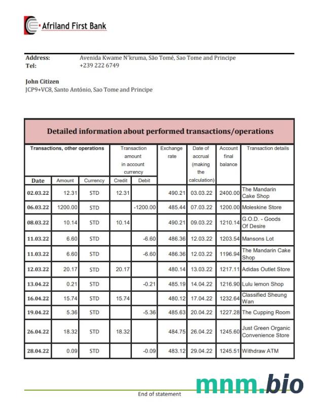 Sao Tome i Principe Afriland pierwszy szablon wyciągu bankowego w programie Word i PDF